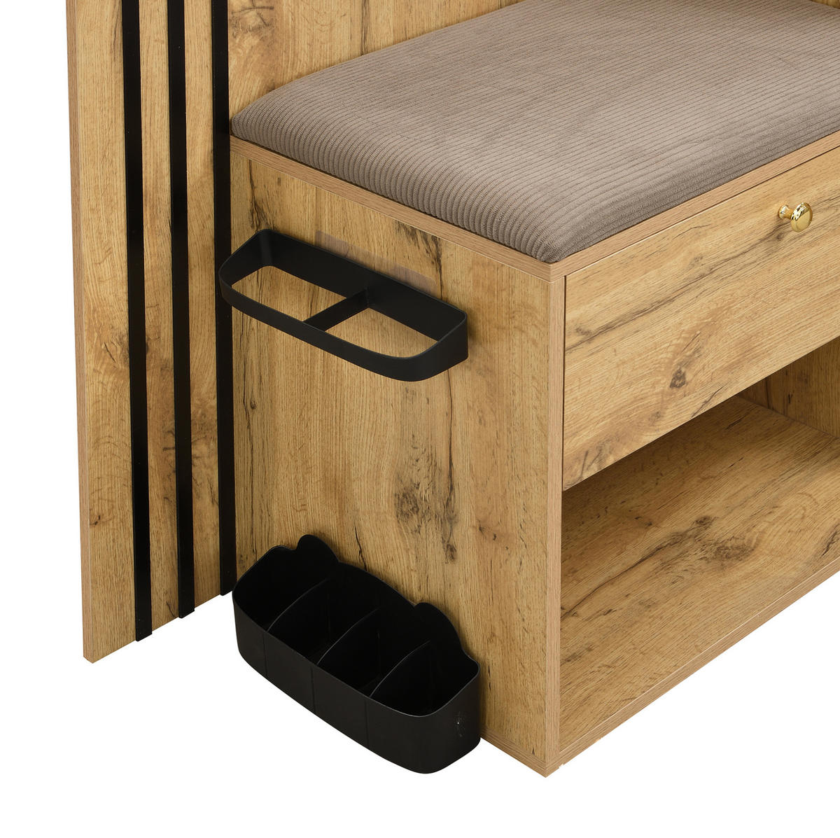 SCHUHSCHRANK aus MDF 115x37x185cm in Natural mit Spiegel & Sitzpolster - Naturfarben, Holzwerkstoff (115/185/37cm) - Modfu