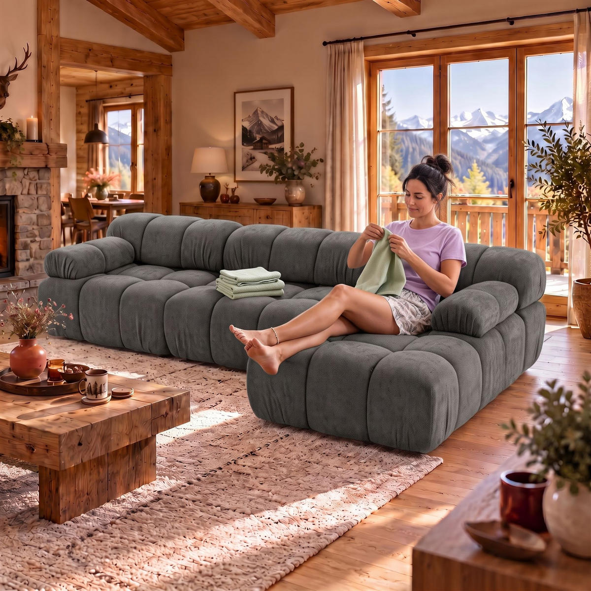 MODULARES Ecksofa MOMENTUM L, Rechts, Breite 282 cm, strukturierter Stoff, Dunkelgrau - Chromfarben/Dunkelgrau, Holz/Textil (155/282cm) - Muffo