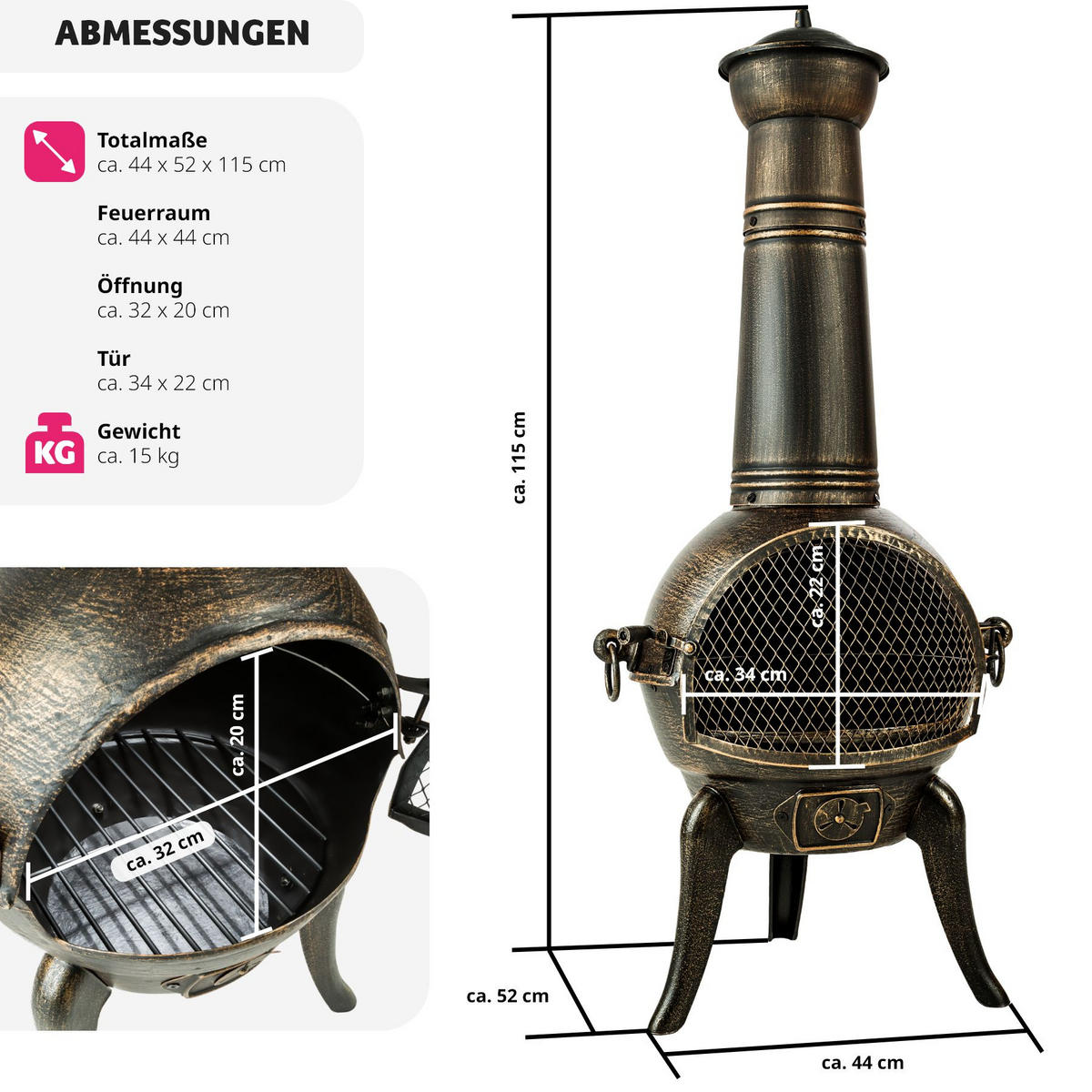 TERRASSENOFEN ,inklusive Schürhaken,grau - Grau, Metall (52/115/44cm) - tectake