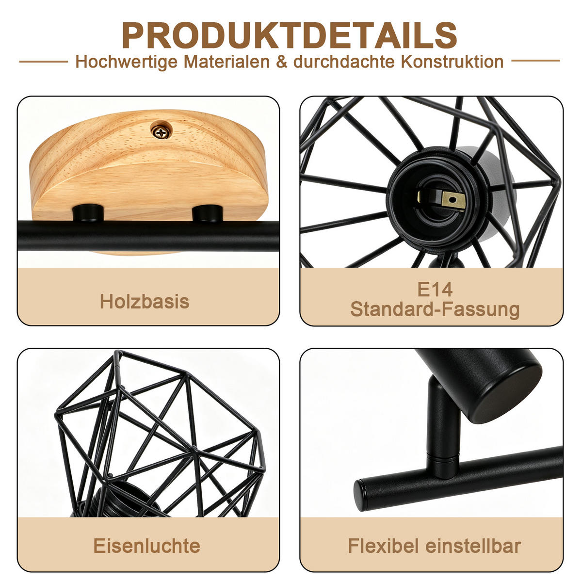 DECKENSTRAHLER Helyvith 42.5/9.2/15.3 cm - Schwarz/Braun, Holz/Metall (42.5/9.2/15.3cm) - ZMH