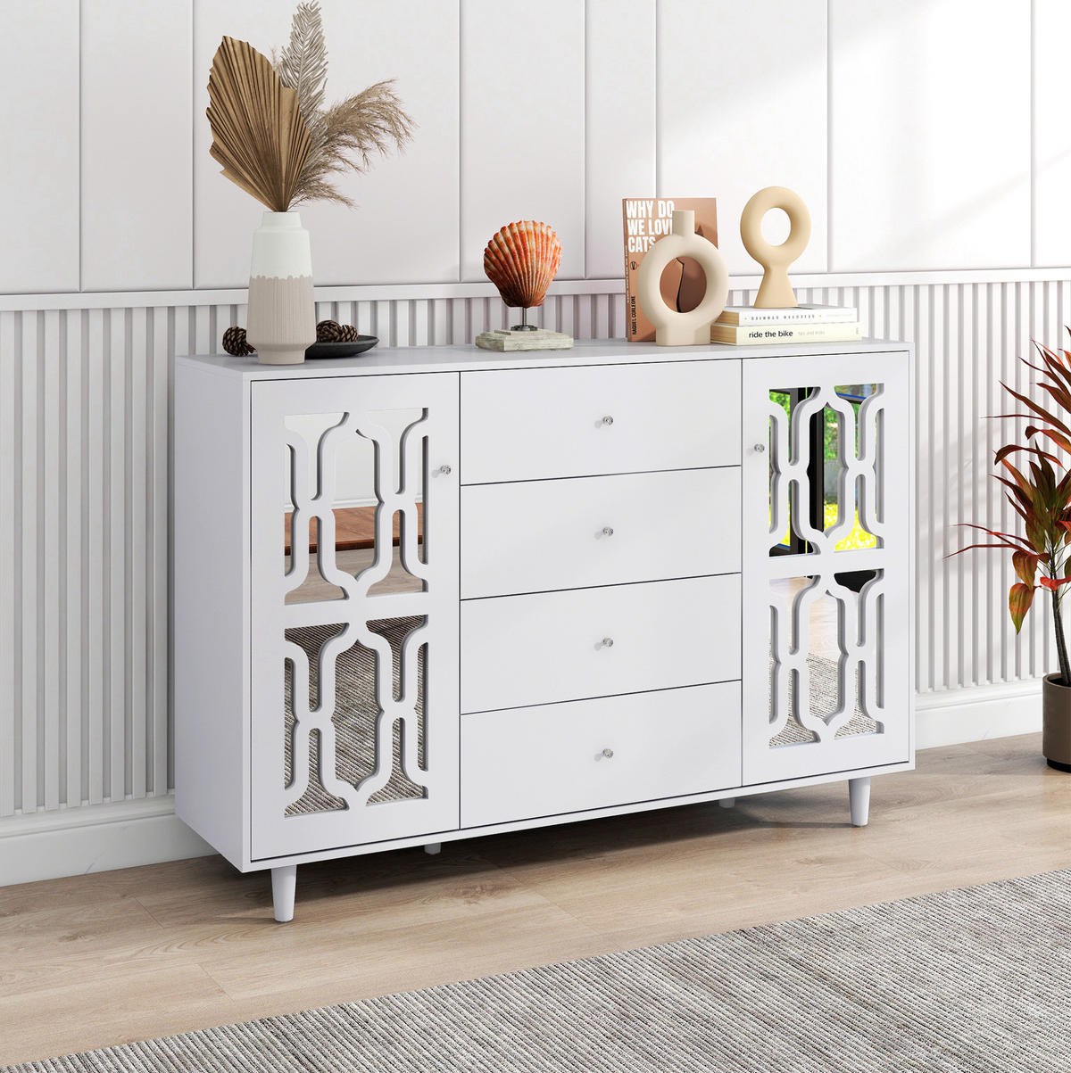 ANRICHTE 147,5/40/102 cm aus MDF mit Spiegeloberfläche und 4 Schubladen Weiß - Weiß, Holzwerkstoff (147.5/102/40cm) - Modenvie