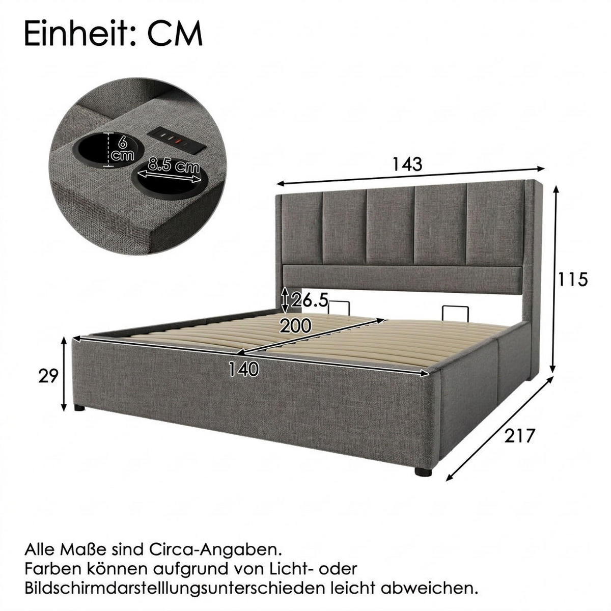 POLSTERBETT 140/200 cm Grau mit verstecktem Becherhalter und Ladestation (Ohne Matratze) - Grau, Textil (140/200cm) - Oxeza