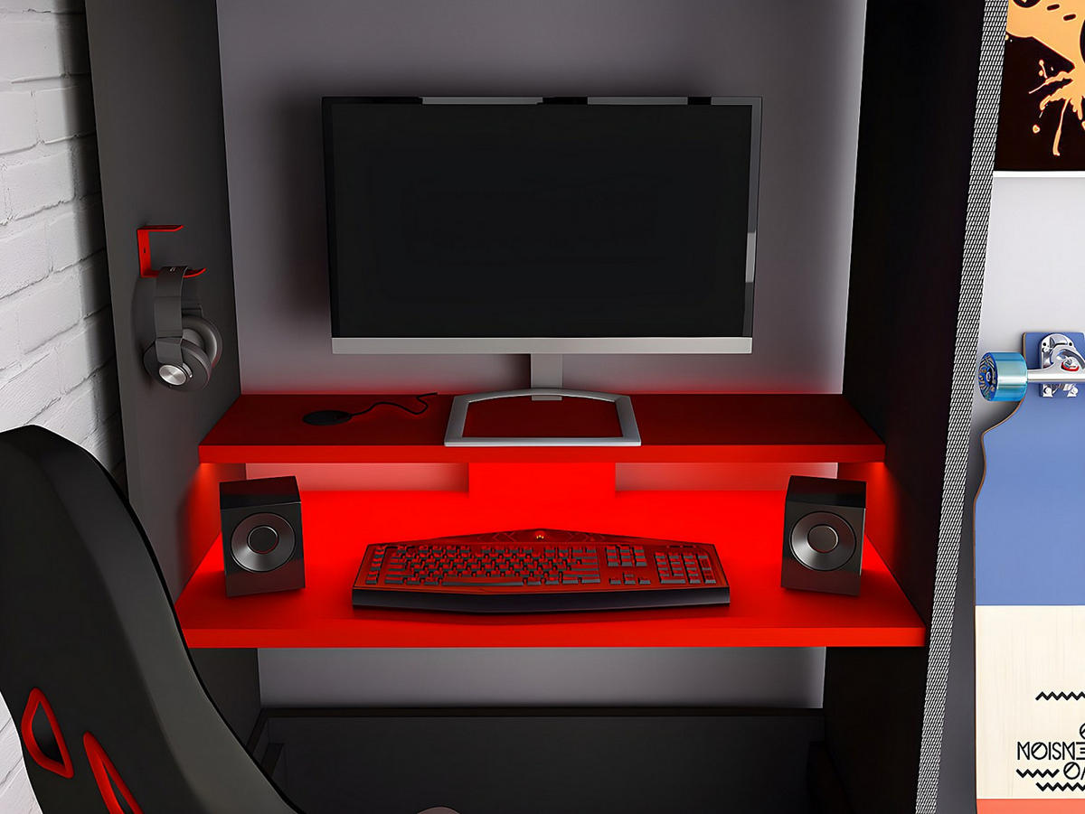 HOCHBETT mit Gaming-Schreibtisch & Stauraum & Matratze + LEDs - 90 x 200 cm - Anthrazit & Rot - WARRIOR - Anthrazit, Holz (97.6/238.1cm) - Vente-Unique