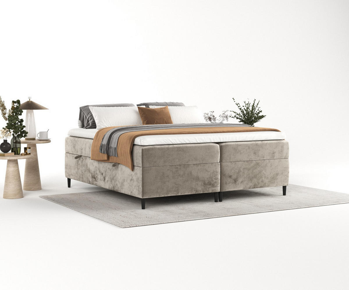 BOXBETT Theo 200/200 cm Beige im Lotta Stoff - Beige/Schwarz, Holz/Holzwerkstoff (200/200cm) - AltaBeds