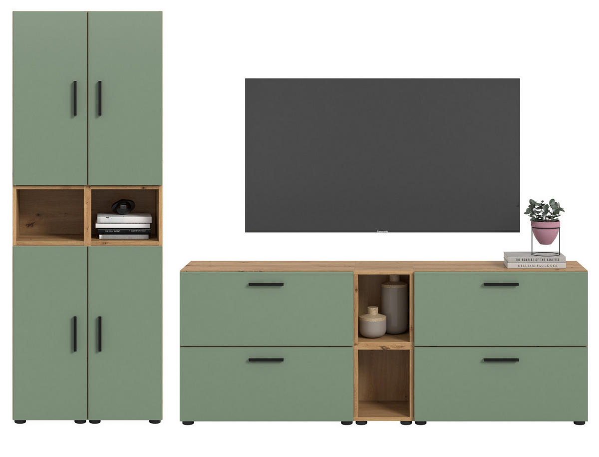 WOHNWAND grün, Eiche Artisan 256 x 178 cm, Schrankwand mit Soft-Close - Schwarz/Eiche Artisan, Holzwerkstoff/Kunststoff (256/151/34cm) - Inn.Furn