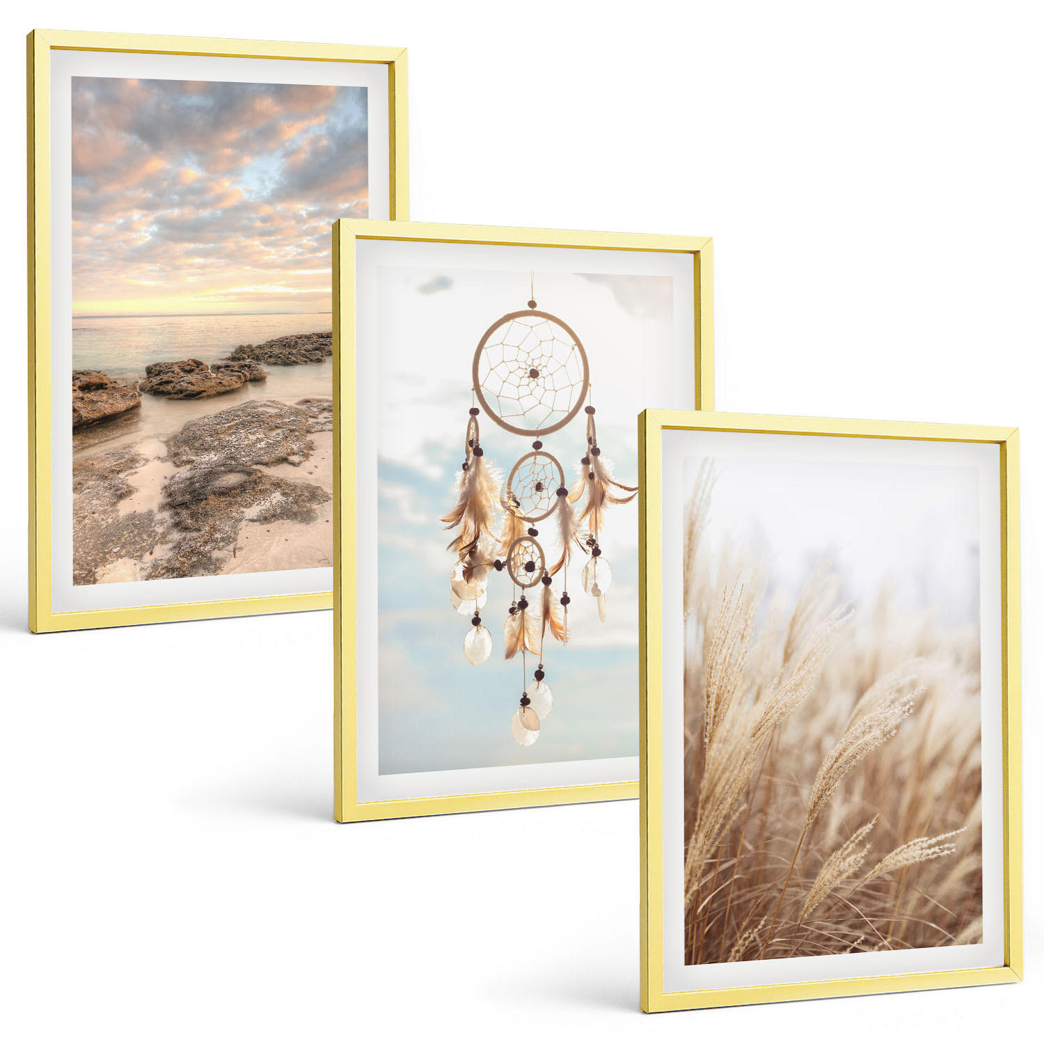 BILDER SET 3er Set - 40x60 cm Goldrahmen - Wolkenmeer, Traumfänger, Gras - Goldfarben, Kunststoff (40/60cm) - TULUP
