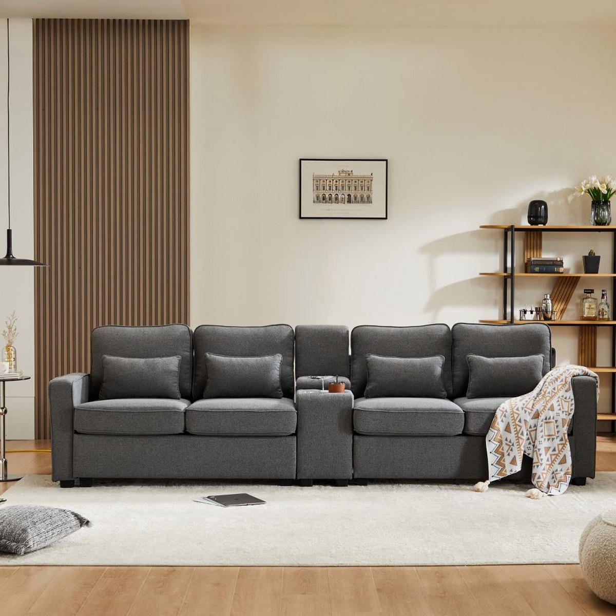 VIERSITZER-SOFA in Dunkelgrau Leinen mit Konsole - Dunkelgrau, Textil (83/88/290cm) - KOMHTOM