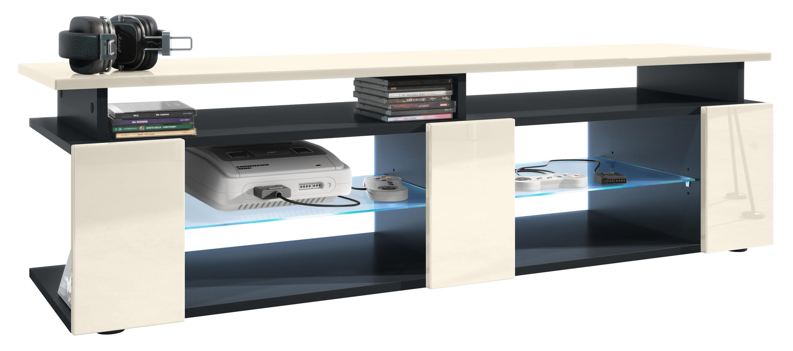 LOWBOARD Movie Fronten und obere Platte des Aufsatzes in Creme Hochglanz - Creme, Holzwerkstoff (138.5/39/39cm) - Vladon