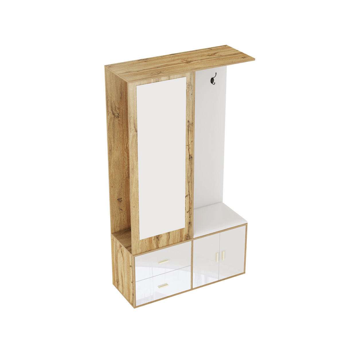 GARDEROBE Flurgarderobe Spiegel Sitzbank Schuhschrank mit Haken ausziehbar Stauraum Weiß Holz - Weiß/Naturfarben, Glas/Holzwerkstoff (100/180/38cm) - EVRYAE