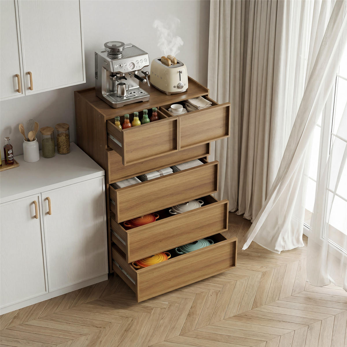 KOMMODE Eiche 80x127x48 cm Hochkommode 6 Schubladen - Hellbraun, Holz (48/127.5/80cm) - Kaket