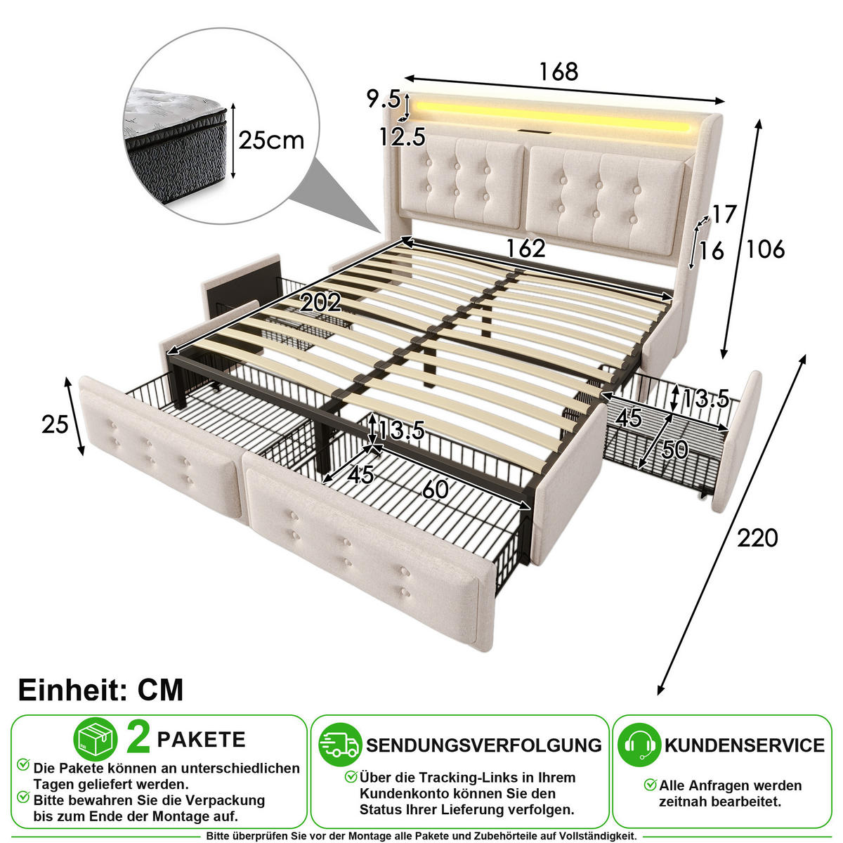 POLSTERBETT 160/200 cm in Beige mit 4 Schubladen, LED und USB/Type-C Baumwoll-Leinenstoff - Beige, Holzwerkstoff/Textil (160/200cm) - CHICFURN
