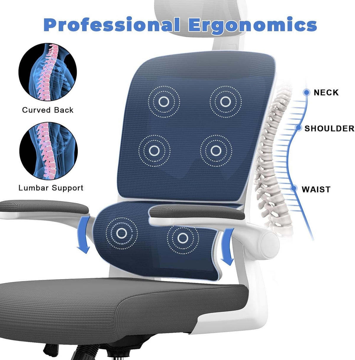 BÜROSTUHL Weiß-Grau ergonomisch Netz verstellbar - Grau, Metall (25/52.5/65cm) - Rattrix