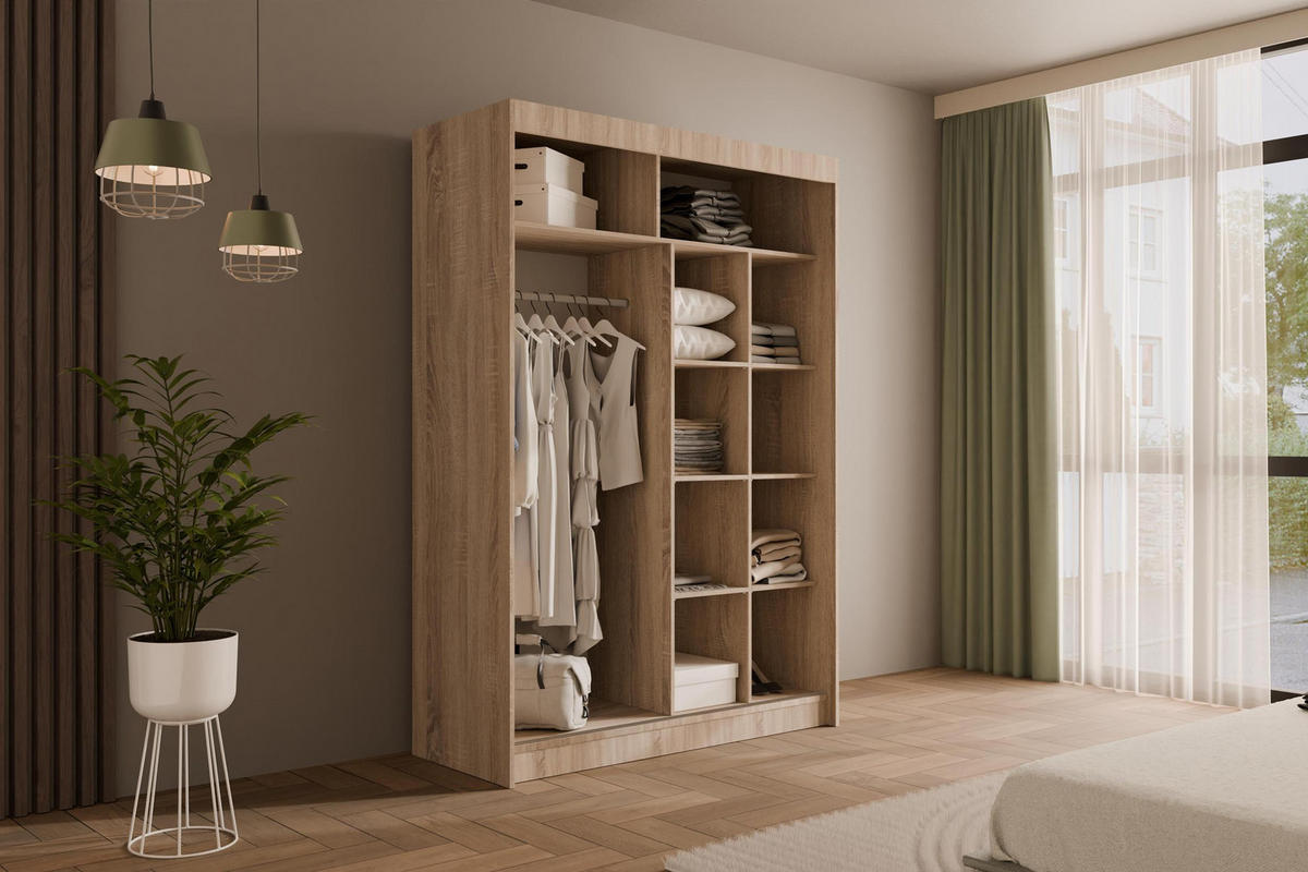 KLEIDERSCHRANK mit Lamel-Schiebetüren VILANv2 - 150 cm Sonoma Eiche+Sonoma Eiche+Lamelle Eiche Wotan - Eiche Wotan/Sonoma Eiche, Holzwerkstoff (150/215/61cm) - ALTDECOR