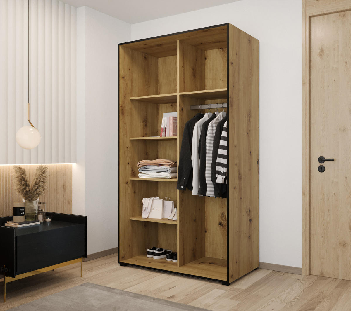 DREHTÜRENSCHRANK MODENA 120, 4-türig Kleiderschrank mit 2 Spiegel, Moderne Garderobe, Schrank in Größe: 120 x 206 x 65 cm - Schwarz/Braun, Holzwerkstoff (120/206/65cm) - O-Sofa