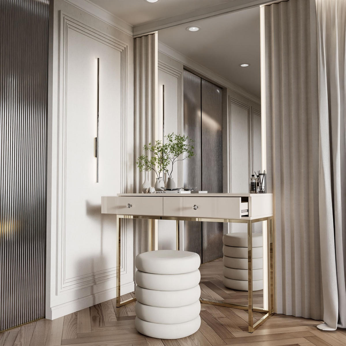 KONSOLE Glamour auf goldchrom Gestell mit Kristallgriff - Kaschmir/Transparent, Holzwerkstoff (100/81/42cm) - Lookway