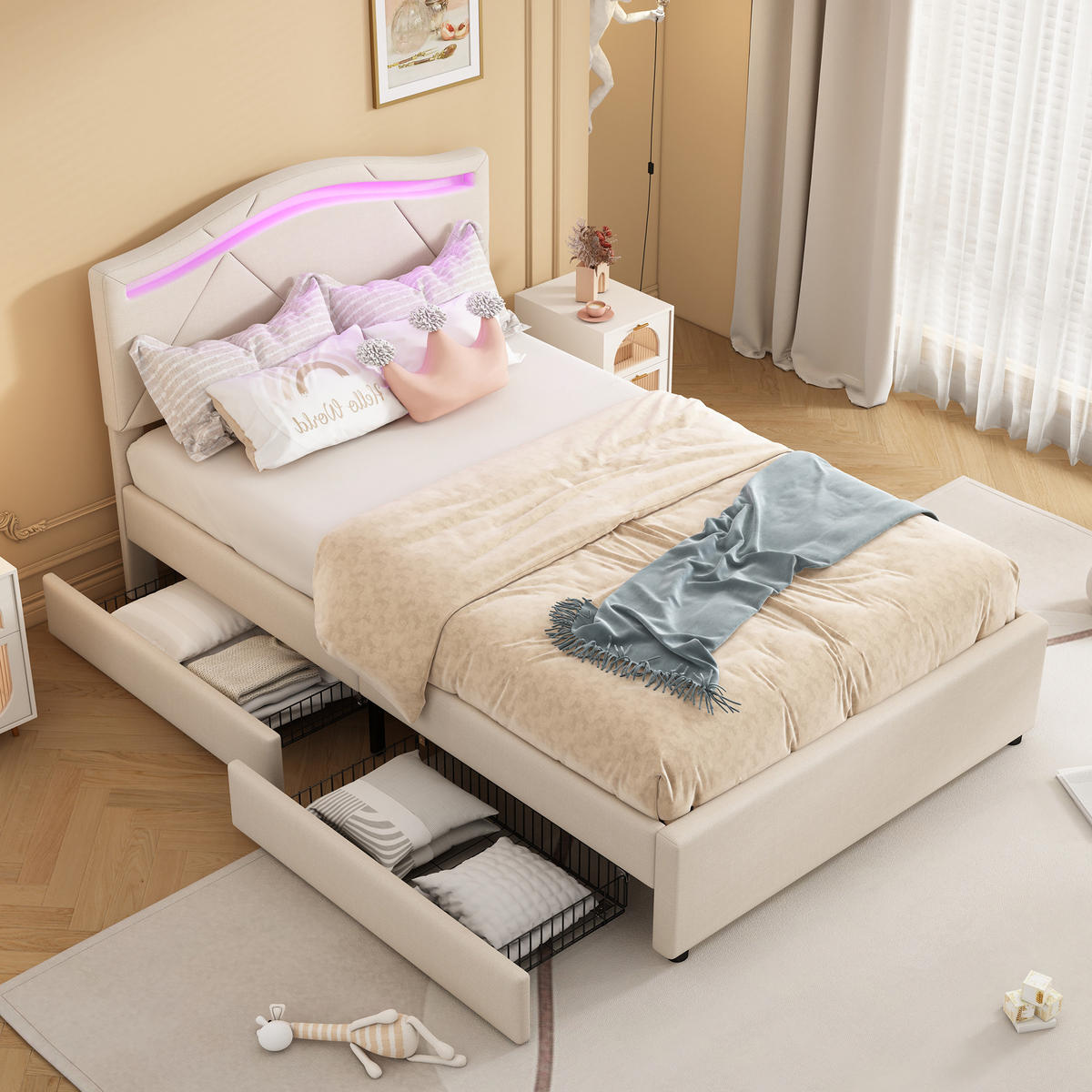 POLSTERBETT 90/200 cm mit LED-Beleuchtung, 2 Schubladen und verstellbarem Kopfteil aus Leinen, Beige - Beige, Textil (90/200cm) - Redom