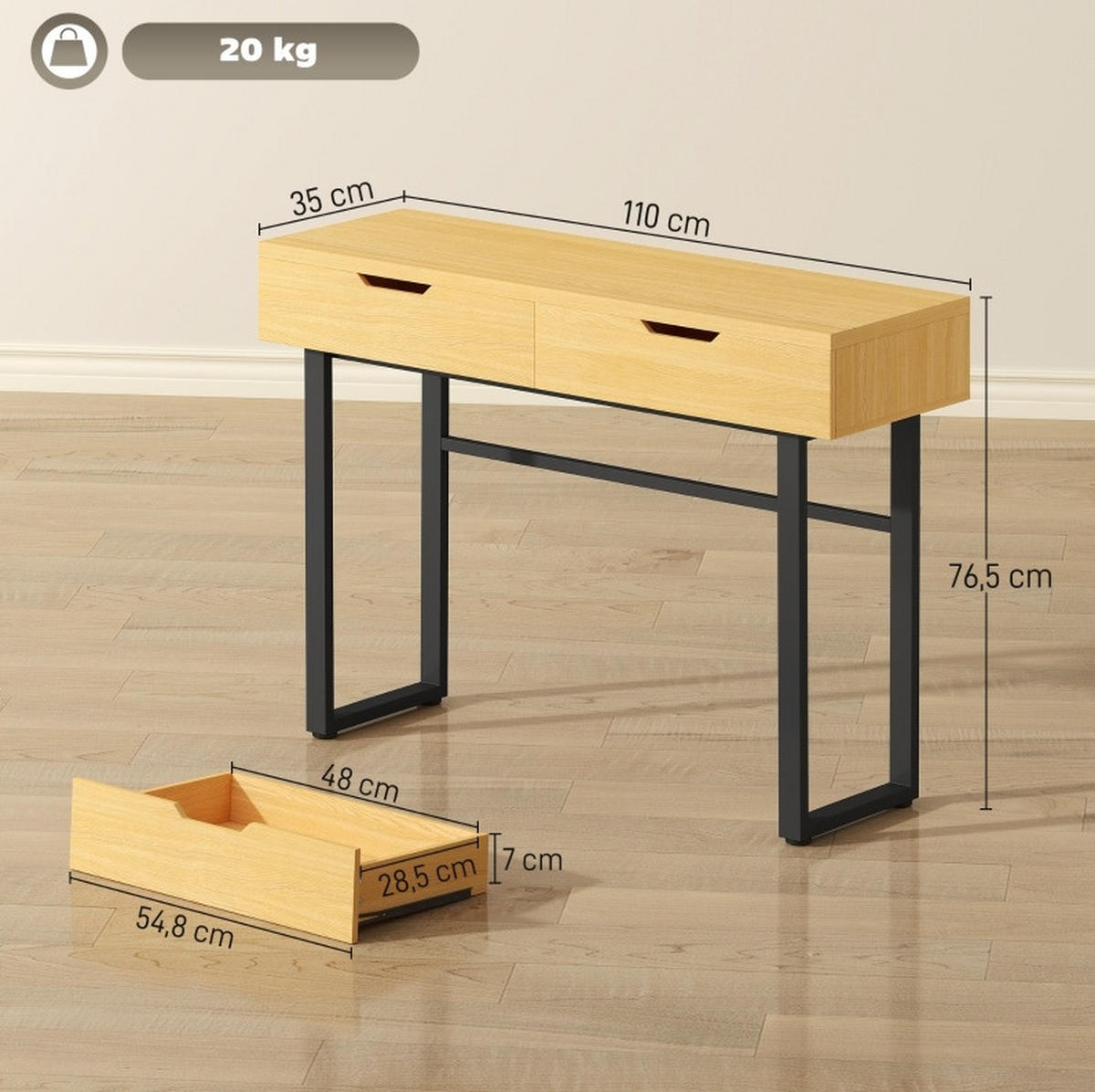 KONSOLENTISCH aus Holz und Metall 110x35x76,5 cm Natur mit 2 Schubladen und Metallrahmen - Naturfarben, Holz (35/110/76.5cm) - Modfu