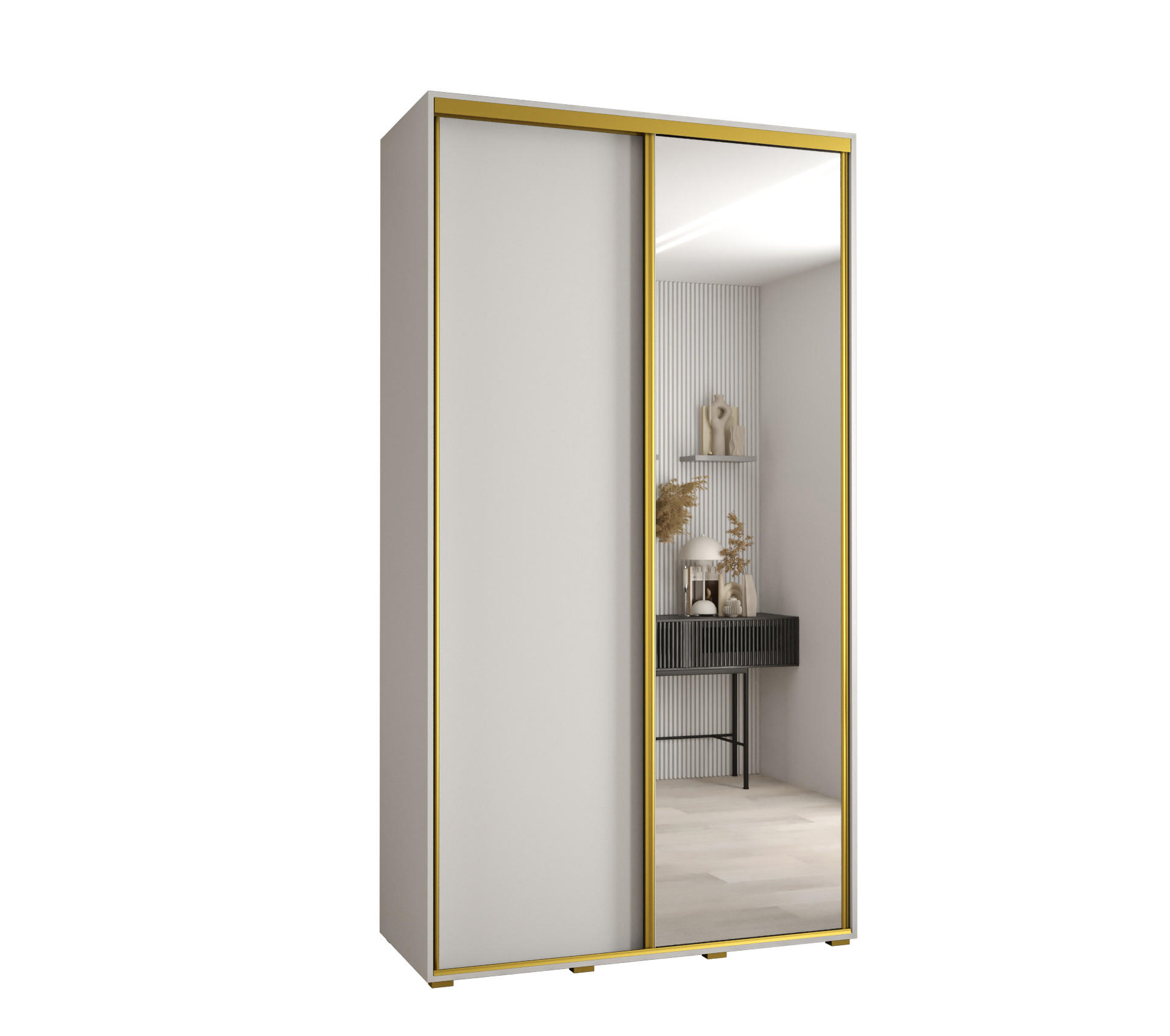 Abiks Möbel Schwebetürenschrank Weiß, Weiß, Gold 140x235x45 cm