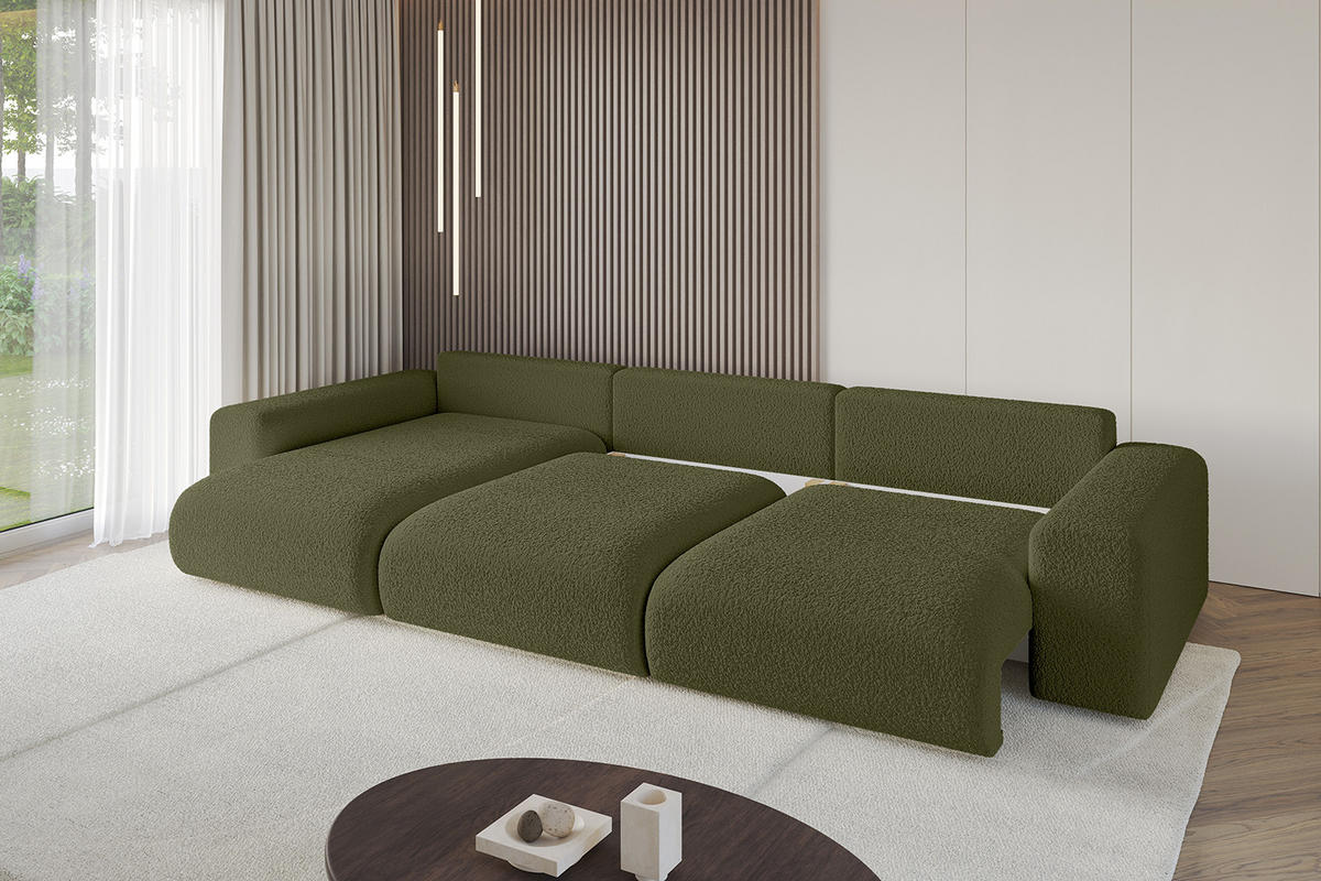 ECKSOFA Ottomane links ESKAR-L 364x176x84 Olivgrün Bouclé - Schwarz/Olivgrün, Holzwerkstoff/Kunststoff (364/176cm) - ALTDECOR