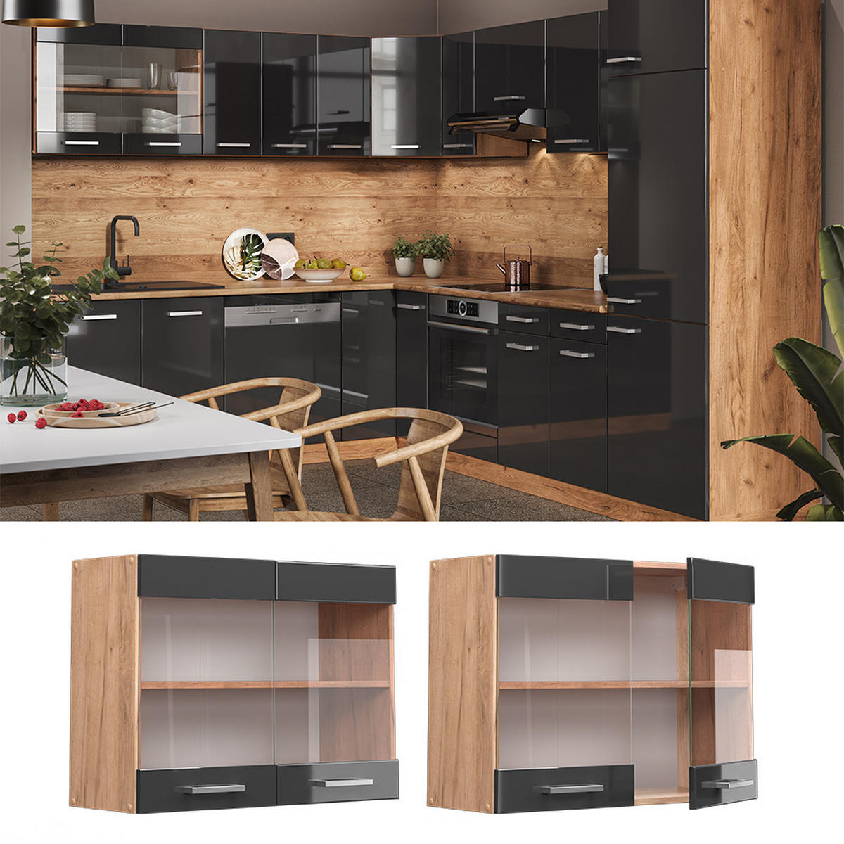 KÜCHENGLASSCHRANK R-Line Anthrazit Hochglanz 80 cm - Anthrazit/Eiche Wotan, Holzwerkstoff (80/60/31cm) - Vicco