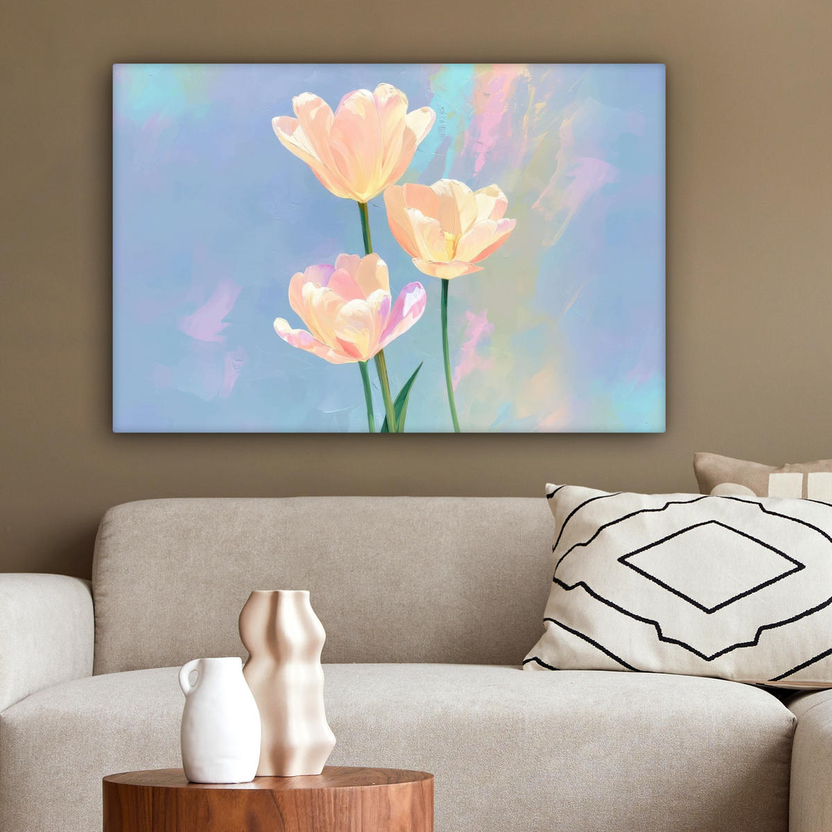 LEINWANDBILD Tulpen - Rosa Akzente - Blau Wanddeko 90x60 cm - Pastellblau, Textil (90/60cm) - MuchoWow