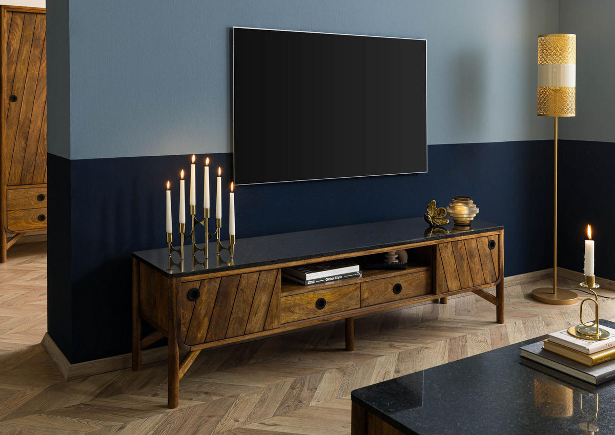 TV-BOARD Mango 180x45x50 braun geölt / dunkler Granit LOS ANGELES #103 - Braun, Holz (180/50/45cm) - Massivmoebel24