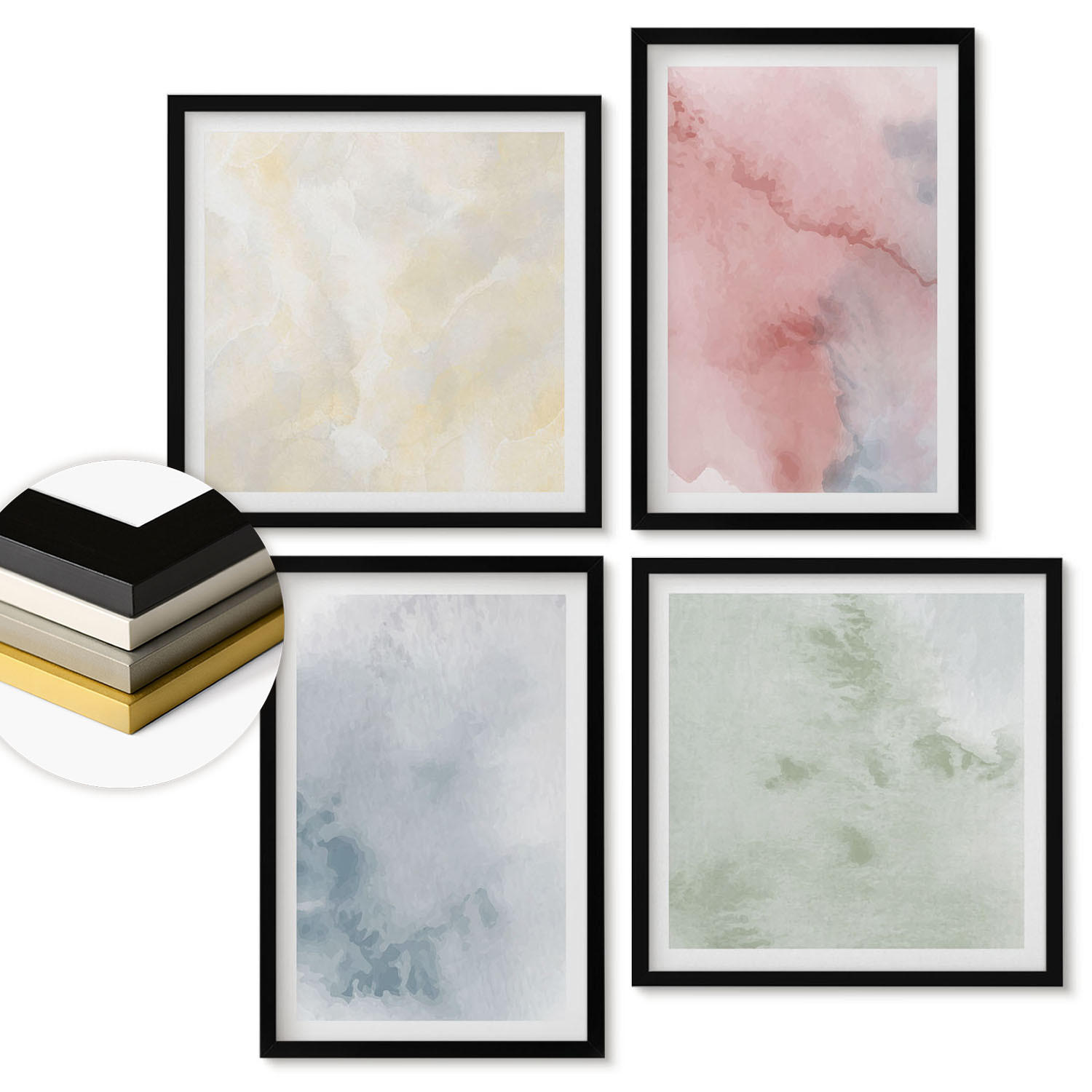 WANDBILDER 4er-Set - 50x50 cm & 40x60 cm Schwarzer Rahmen - Aquarellfarben in Pastellfarben - Schwarz, Kunststoff (50/50cm) - ArtPrintCave