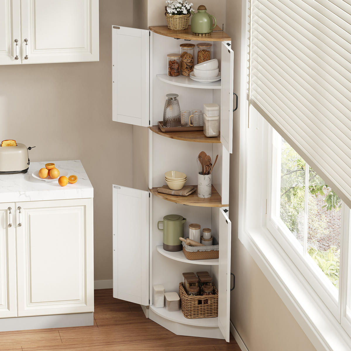 ECKVITRINE Eckschrank platzsparendes Landhaus-Design Weiß/Braun 39,5/39,5/180 cm Holzwerkstoff - Weiß, Holzwerkstoff (39.5/180/39.5cm) - EVRYAE