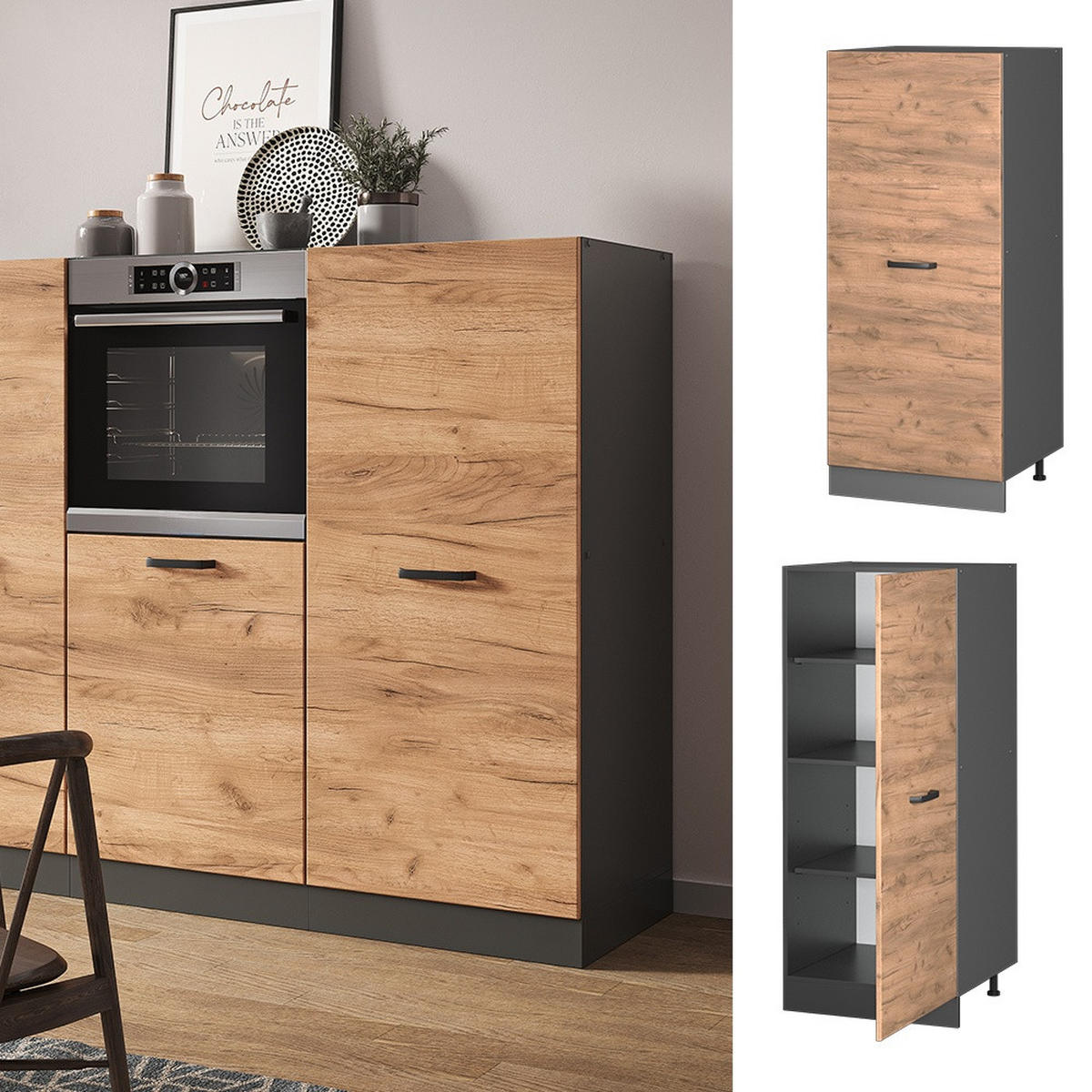 VORRATSSCHRANK R-Line Goldkraft Eiche 60 cm - Honigeiche/Anthrazit, Holzwerkstoff (60/143/57cm) - Vicco