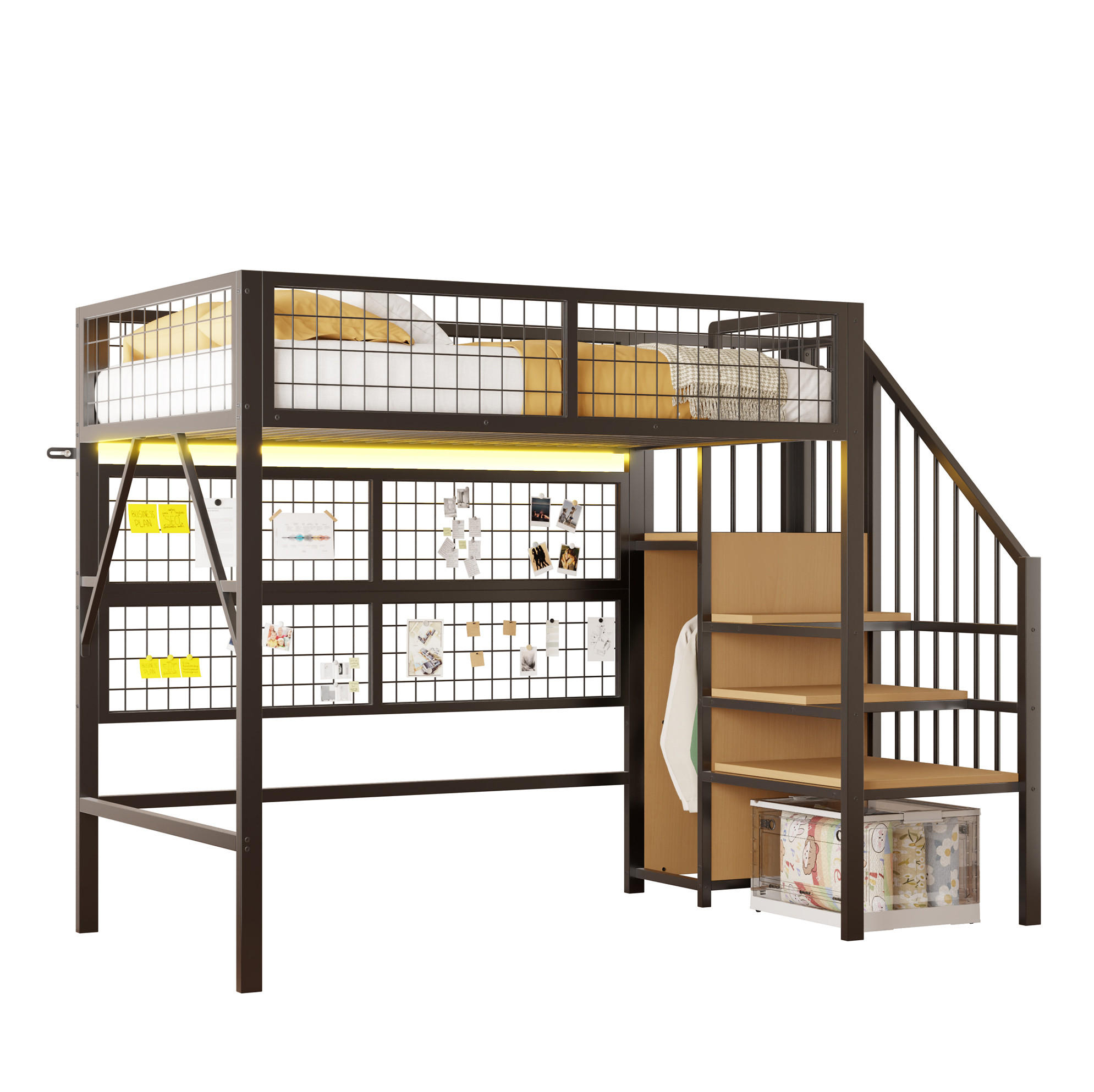 HOCHBETT 90/200 cm aus Metall mit LED-Beleuchtung und Stauraumtreppe, Schwarz - Schwarz, Metall (90/200cm) - Flora Grace