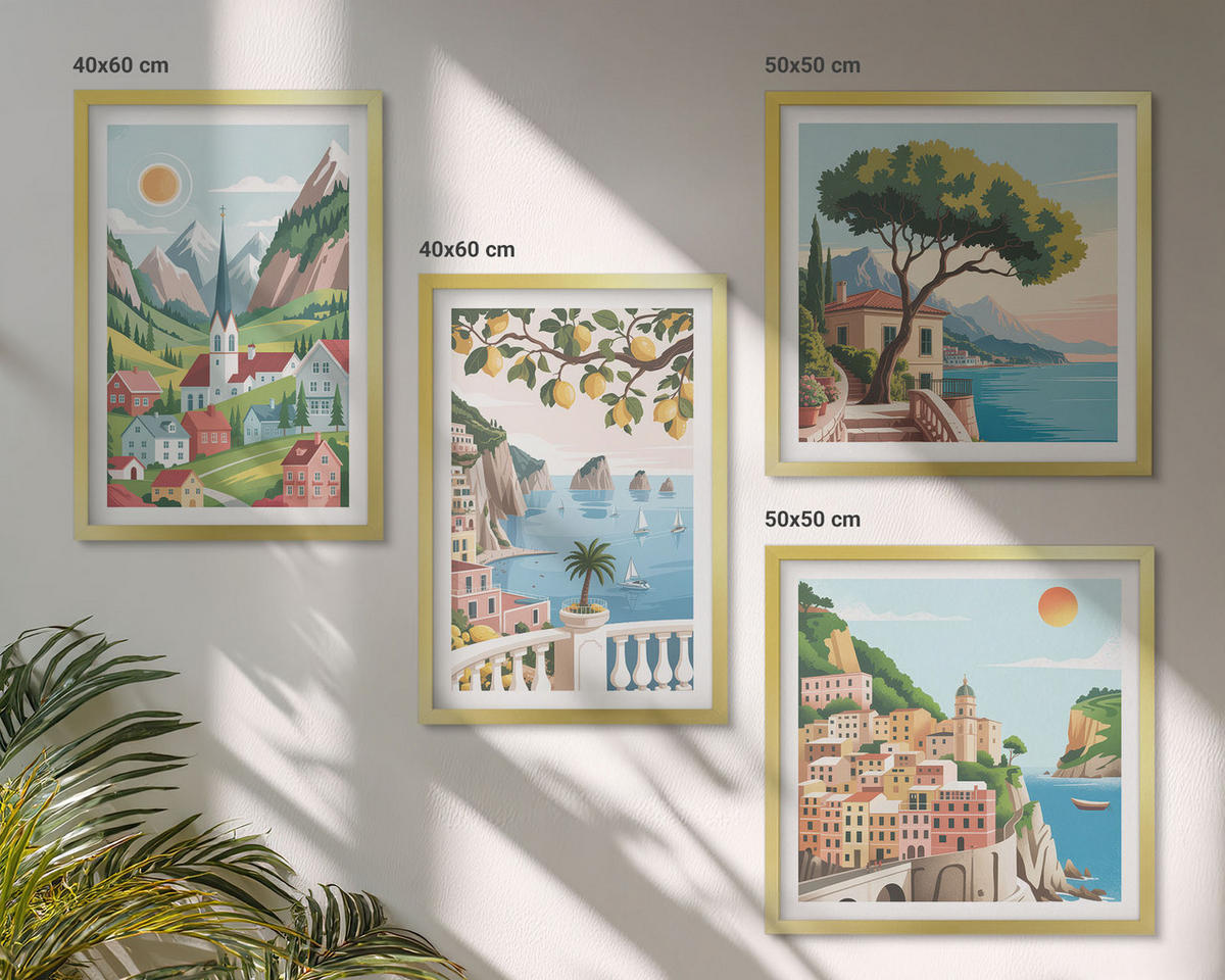 BILDER SET 4er Set - 50x50 cm & 40x60 cm Goldrahmen - Meereslandschaften, Zitrusfrüchte - Goldfarben, Kunststoff (50/50cm) - TULUP