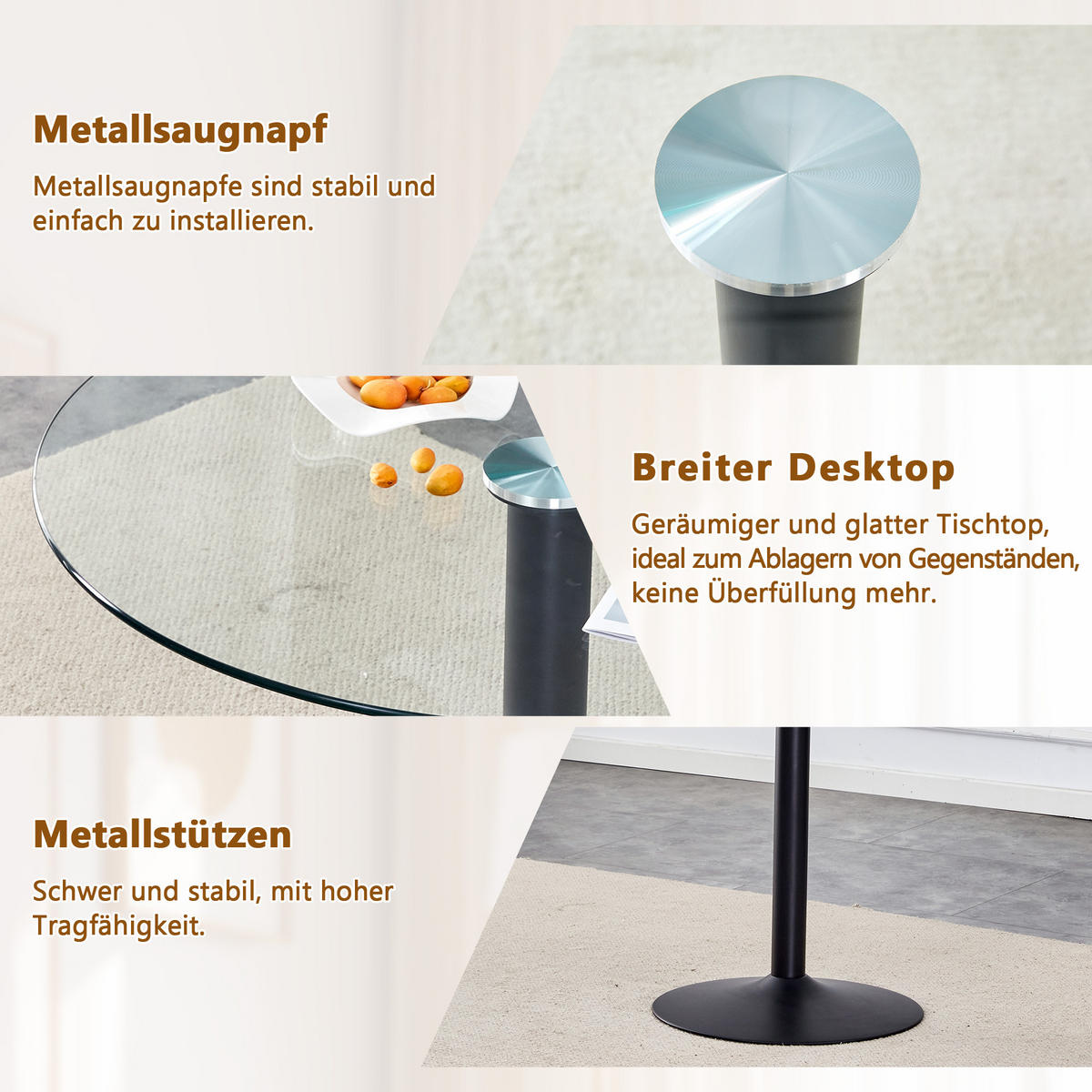 ESSTISCH 85/85/76 cm schwarz transparent aus Glas und Metall mit runder Tischplatte - Schwarz, Holzwerkstoff (85/85/76cm) - OKWISH
