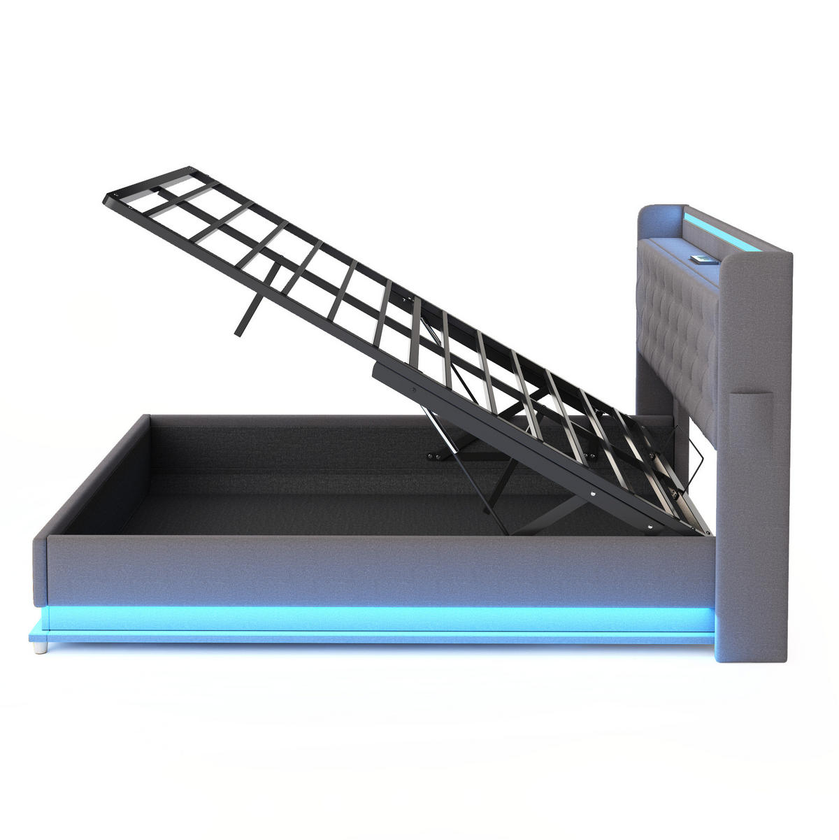 ČALÚNENÁ posteľ 140/200 cm s LED osvetlením, USB portom a hydraulickým úložným priestorom, Sivá - sivá, textil (140/200cm) - Redom