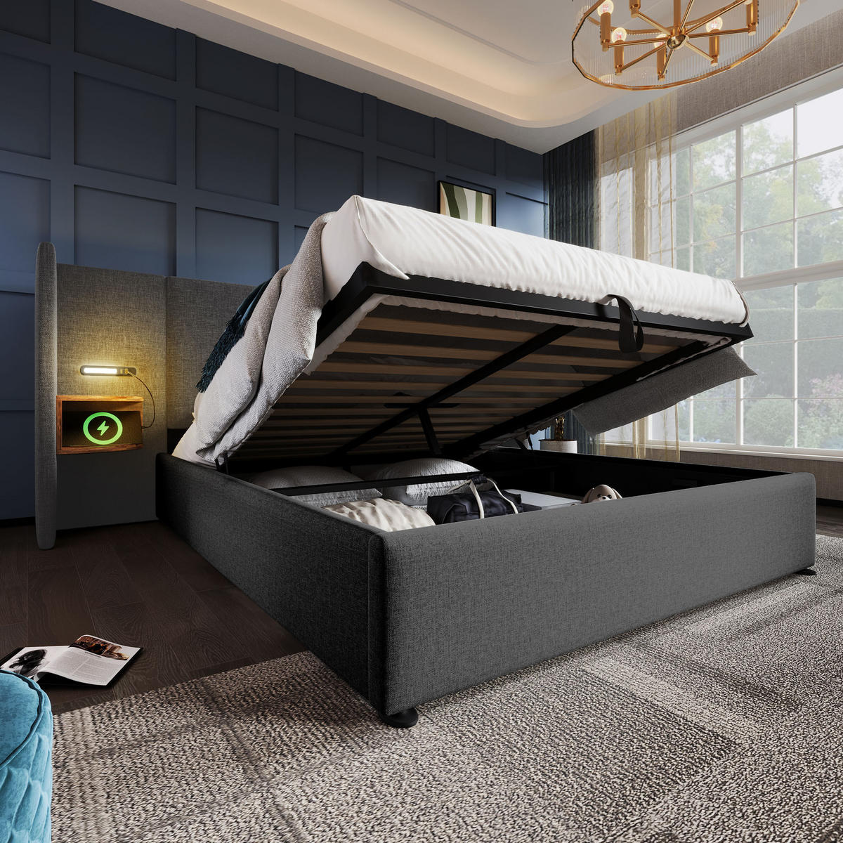 POLSTERBETT 160/200 cm Grau mit Nachttisch und USB-Ladefunktion - Grau, Textil (160/200cm) - OKWISH