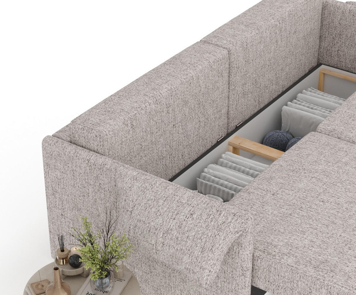 SCHLAFSOFA MIT ECKSOFA-FUNKTION Nappa Hellbraun Webstoff - Hellbraun/Schwarz, Holz/Holzwerkstoff (215/100/112cm) - Maison de Reve