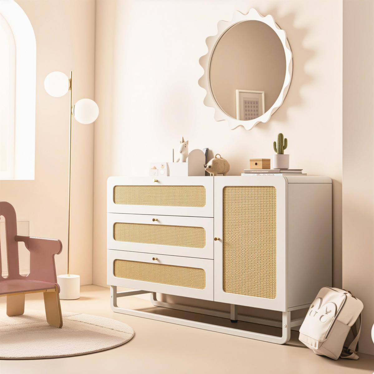 KOMMODE in Weiß Rattan-Sideboard mit Schubladen und Goldgriffen für Wohnzimmer, B120/T40/H85 cm - Weiß/Naturfarben, Holzwerkstoff/Metall (120/85/40cm) - STILVORA