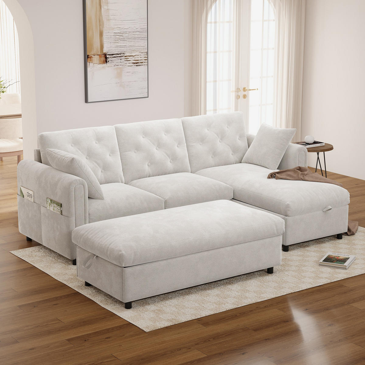 SOFA Baršun L Oblik s Tabureom 219x131x86 cm Bež - bež, tekstil (219/86/131cm) - FLIEKS