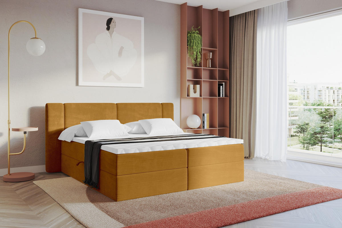 BOXBETT mit Matratze H4 - EVON - 140x200 cm Senfgelb - Dunkelgelb, Holzwerkstoff (140/200cm) - ALTDECOR