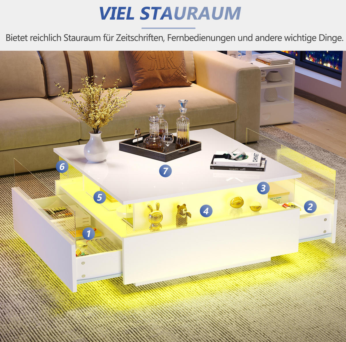 COUCHTISCH 70/70/41 cm weiß aus Spanplatte mit LED-Beleuchtung und 2 Schubladen - Weiß, Holzwerkstoff (70/70/41cm) - OKMYHOME