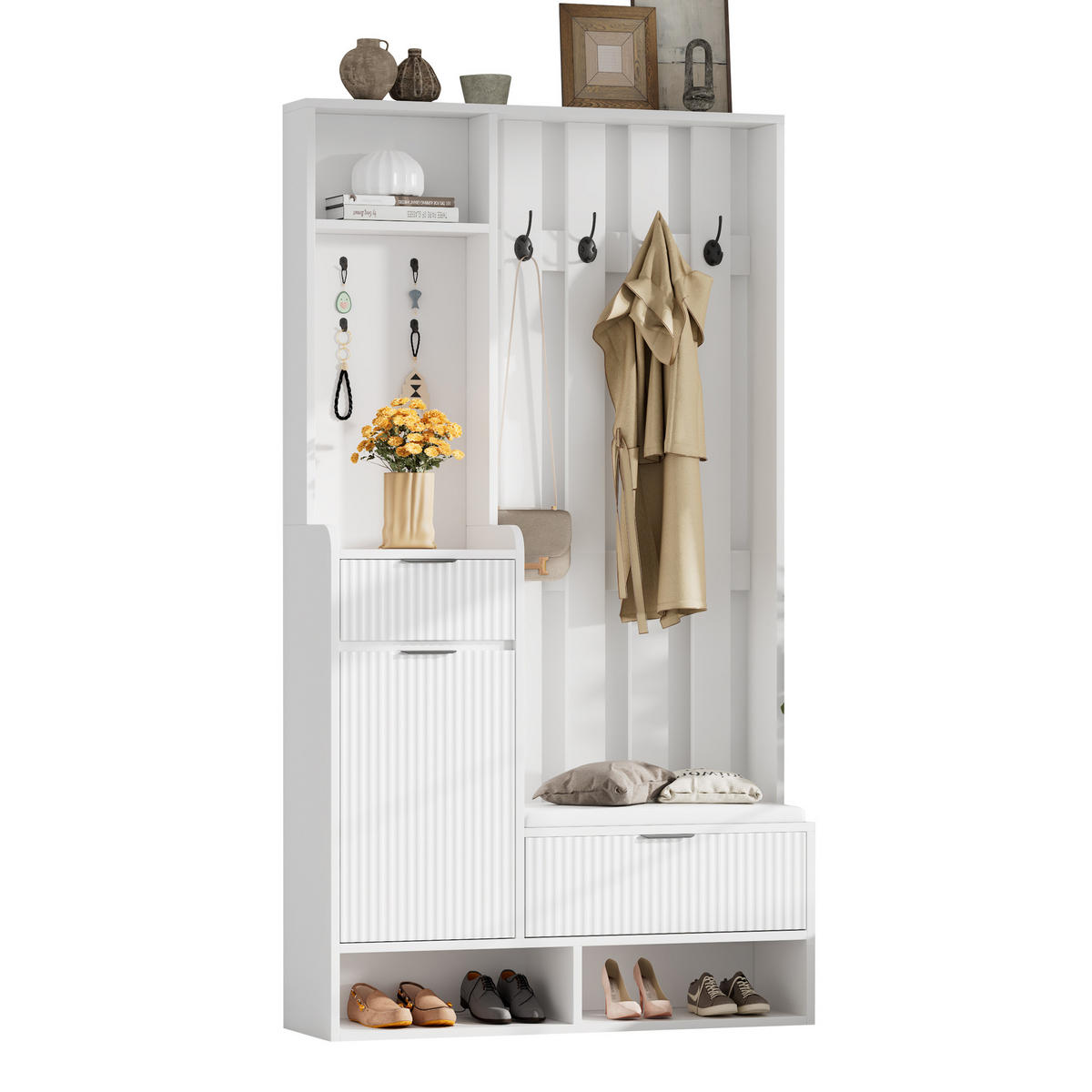 DIELENGARDEROBE 100/30/180 cm mit 8 Haken, Sitzbank und Schuhablage in Weiß - Weiß, Holzwerkstoff (100/180/30cm) - BEAOK