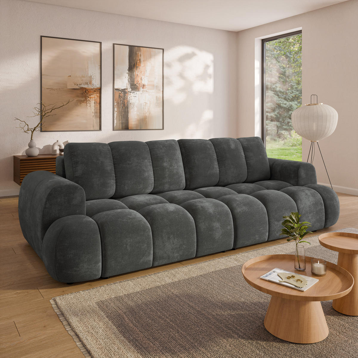 BETTSOFA DAFNE Grau Chenille-Stoff mit Schlaffunktion - Grau, Textil (300/88/113cm) - MASSENO