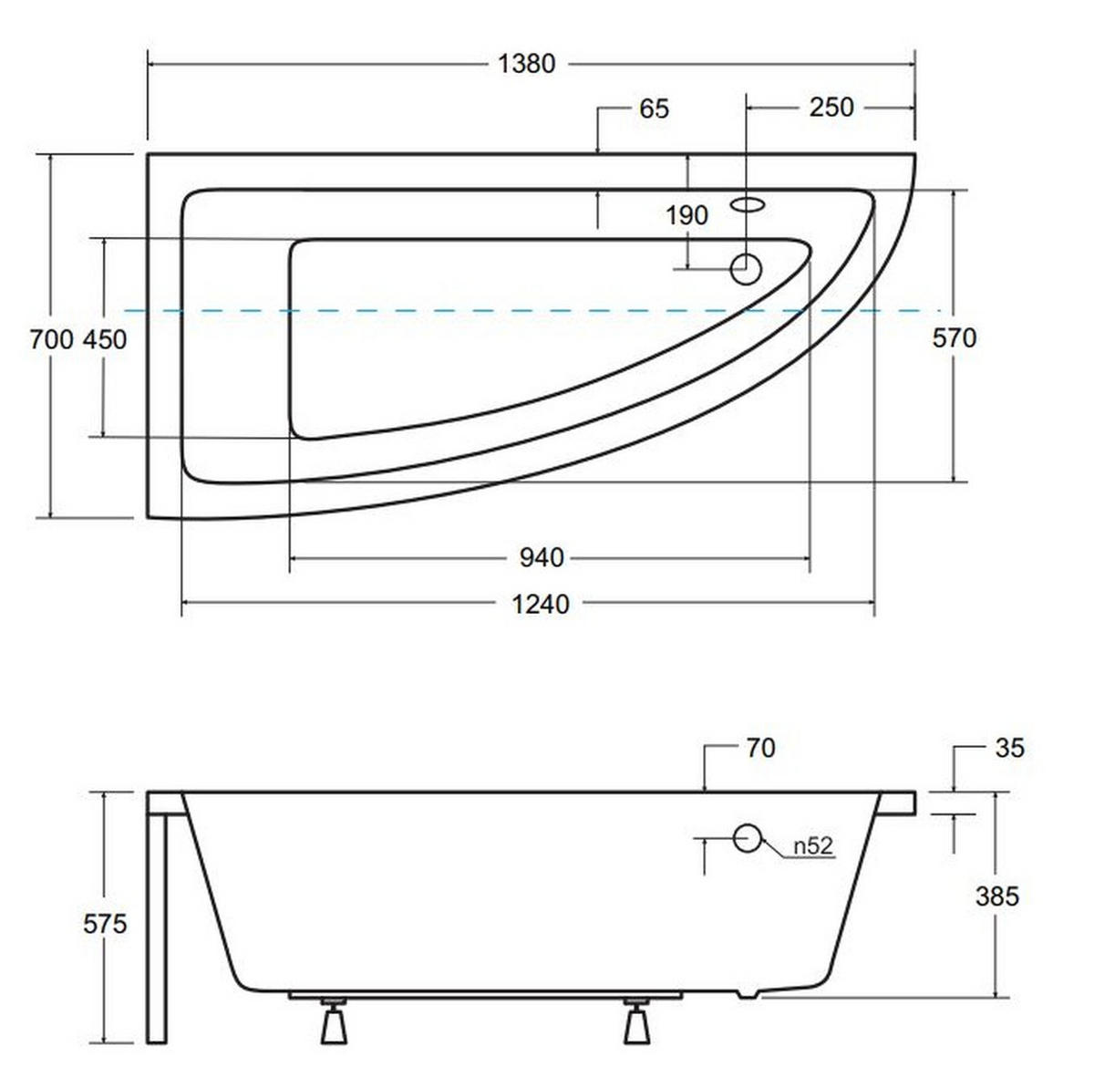 BADEWANNE Eckwanne PRAKTIKA 140/70 Links mit Schürze Ablauf Füße - Weiß, Kunststoff (70/57.5/140cm) - bad land
