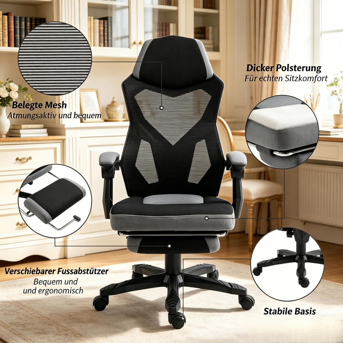 DREHSTUHL ergonomischer Gaming Bürostuhl mit Fußstütze bis 120 kg - Schwarz, Textil (58/112/63cm) - Gisaae