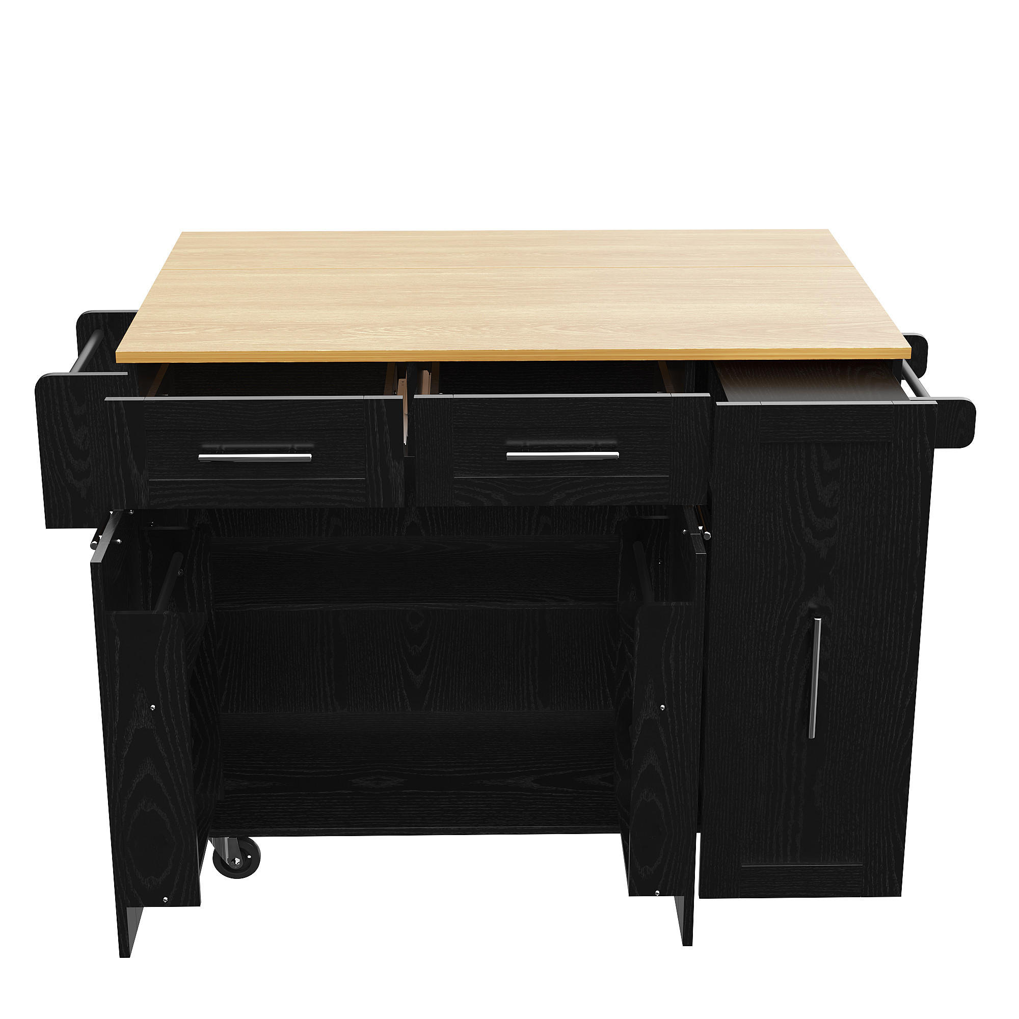 KÜCHENINSEL 134.5/46/90.5 cm Schwarz mit Speicherraum, Snackregalen und Stretchfunktionsschränken - Schwarz, Holz (46/90.5/134.5cm) - Oxeza