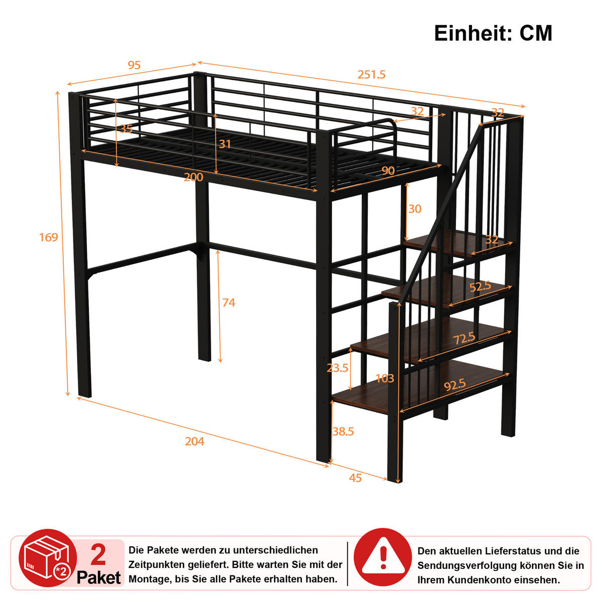 HOCHBETT 90/200 cm in Schwarz mit Treppe und Stauraum - Schwarz, Holzwerkstoff/Metall (90/200cm) - CHICFURN