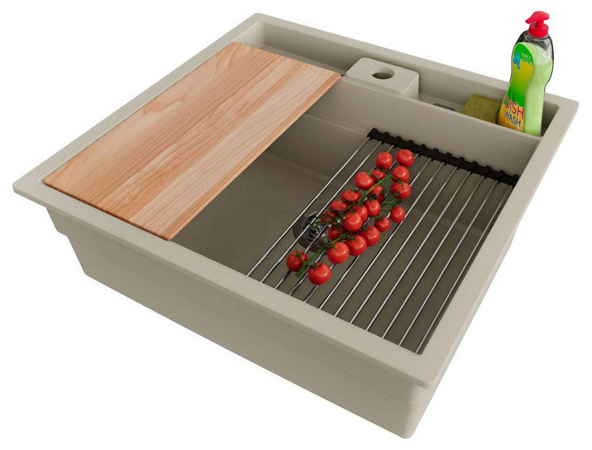 UNTERBAUSPÜLE GRANIT Bergen Pocket, 2-er set Beige 56/54 cm 1 Becken + Ablauf-Set + Küchenzubehörset ab 60er Unterschrank - Chromfarben/Beige, Kunststoff (56/20/54cm) - Primagran