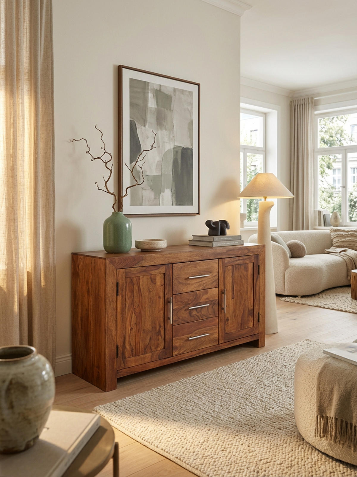 SIDEBOARD – Massivholz, 3 Schubladen, 2 Türen, Landhausstil - Braun, Holz (118/70/40cm) - KADIMA DESIGN