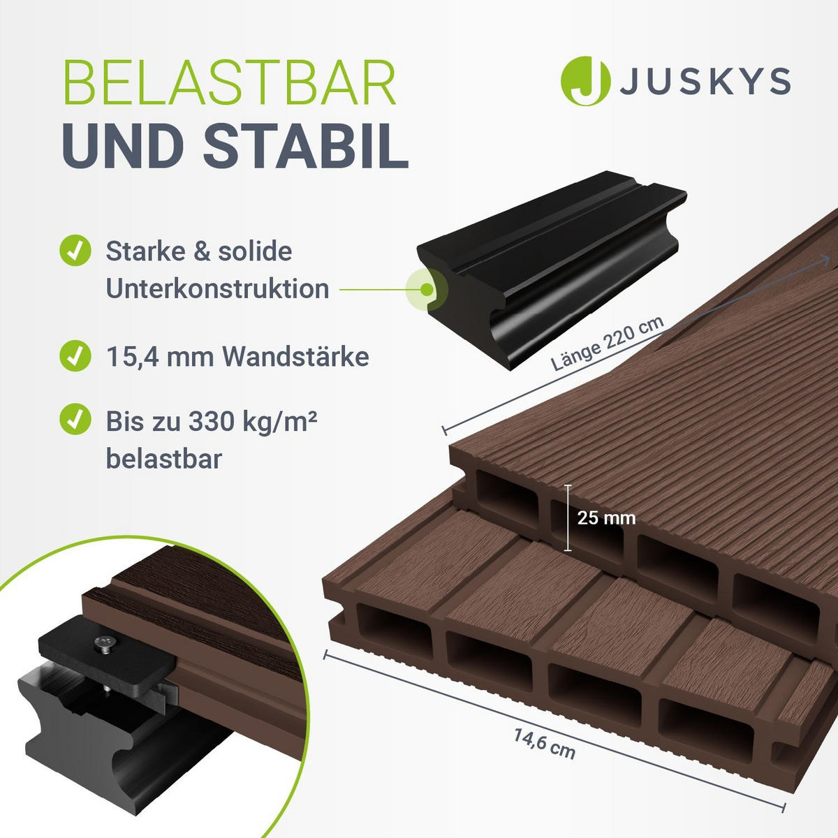TERRASSENDIELEN WPC Braun 30 m² - Braun, Kunststoff (220/14.6/2.5cm) - Juskys