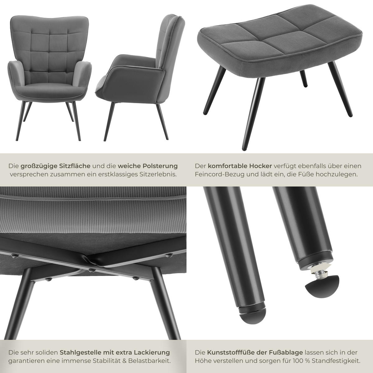 SESSEL Hygge,72 x 76 x 100,5 cm,Feincord anthrazit/schwarz - Anthrazit/Schwarz, Kunststoff (72/100.5/76cm) - tectake