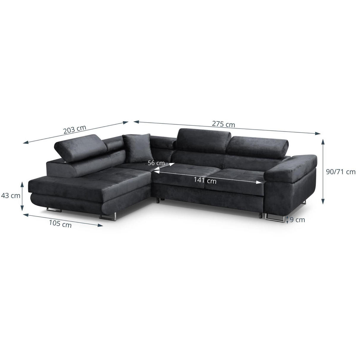 ECKSCHLAFSOFA Vild verstellbaren Kopfstützen, Schwarz, rechts - Chromfarben/Schwarz, Textil (275/203cm) - Beautysofa